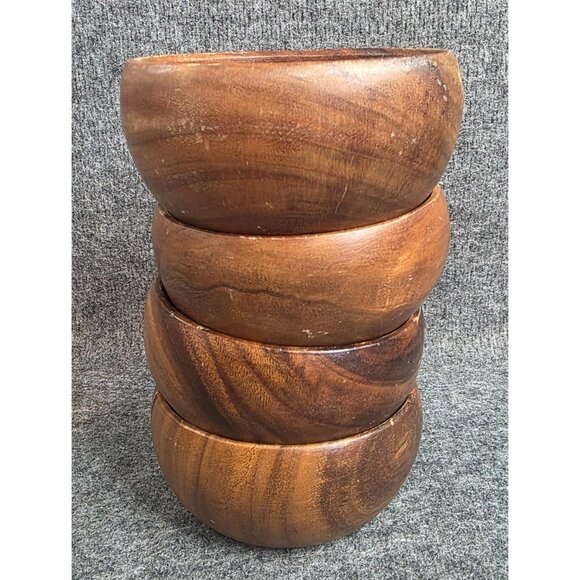 Vintage Monkey Pod Wood Bowls Set of 4 5-5.5″ Handcrafted Philippines Rustic MCM - Picture 8 of 8